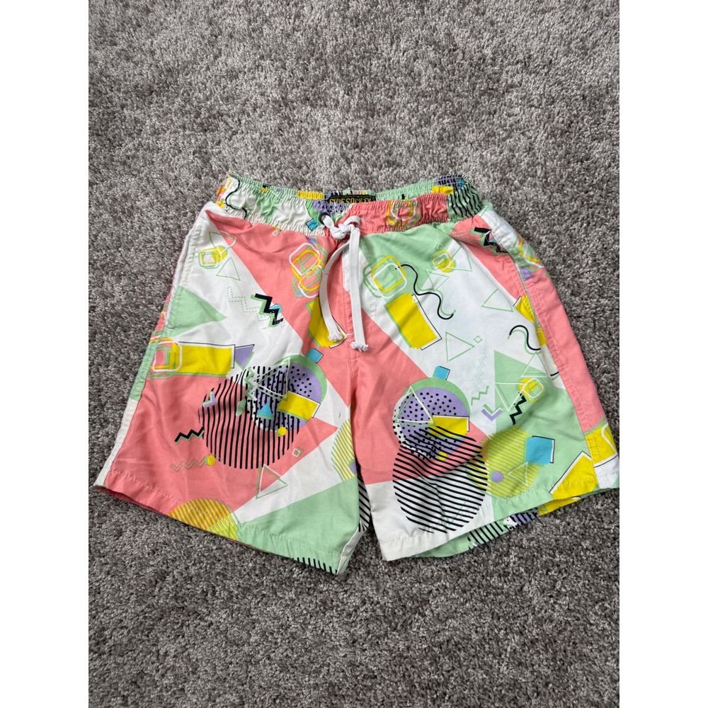Surf Society Swimwear Geometric Graphic Swim Trunks Small Pink Green Retro 90s
